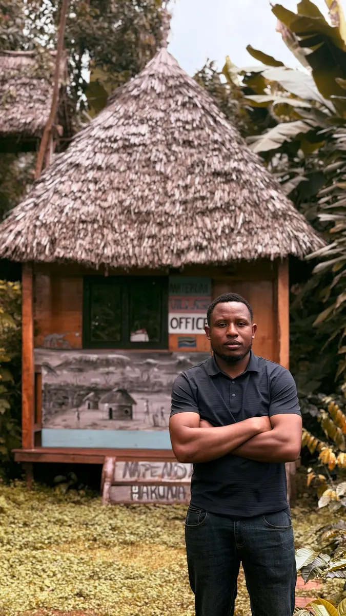 Justin Materuni standing with his arms folded outside the Materuni Village Office, a thatched Chagga hut behind him