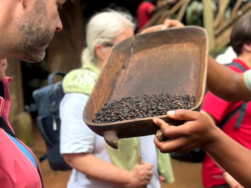 Roasted beans being turned by hand in the wooden tray while they cool